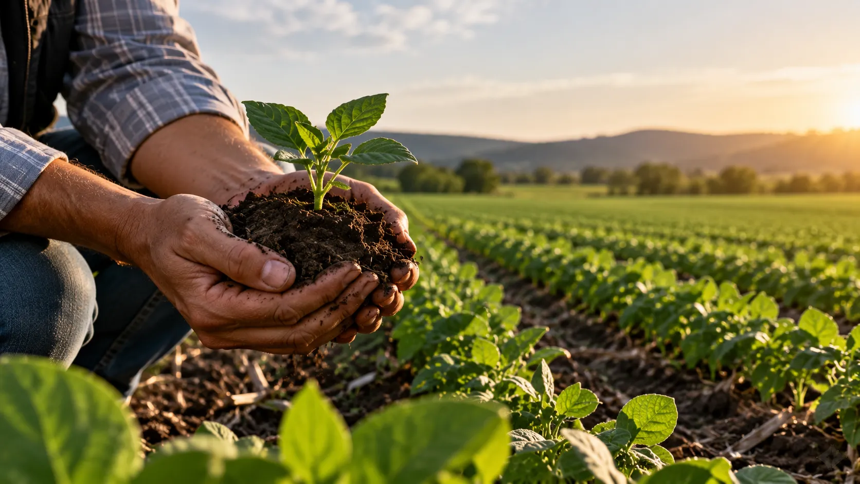 Manos sosteniendo una plántula en un campo de cultivo