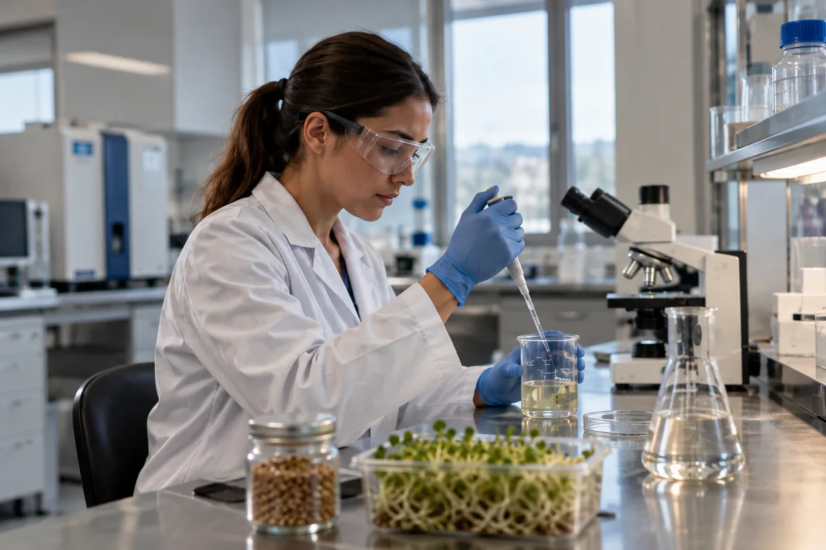 Investigadora realizando análisis de laboratorio sobre muestras vegetales
