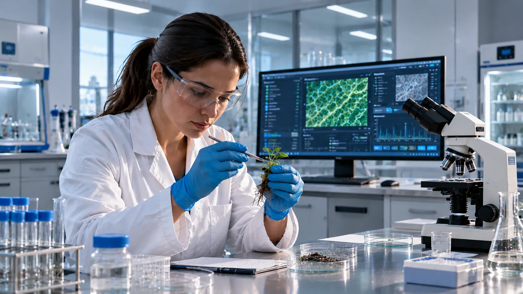 Investigadora analizando una planta en laboratorio
